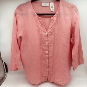 Liz Claiborne Lizsport Linen Button Up Blouse Size L Cottage Core Casual Luxury
